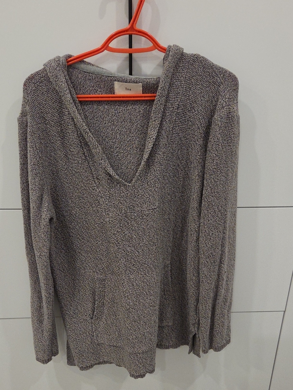TNA Gray V-Neck Hooded Knit Sweater